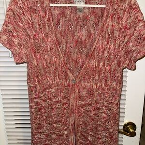 Chico's Coral Cream Multicolor Open-Knit Short Sleeve Cardigan